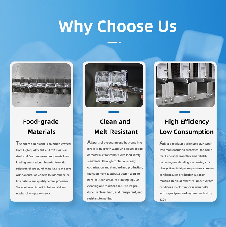 why choose Icemedal Avantages principaux de la machine à glace commerciale : matériaux de qualité alimentaire, glace propre et résistante à la fonte, haute efficacité et faible consommation