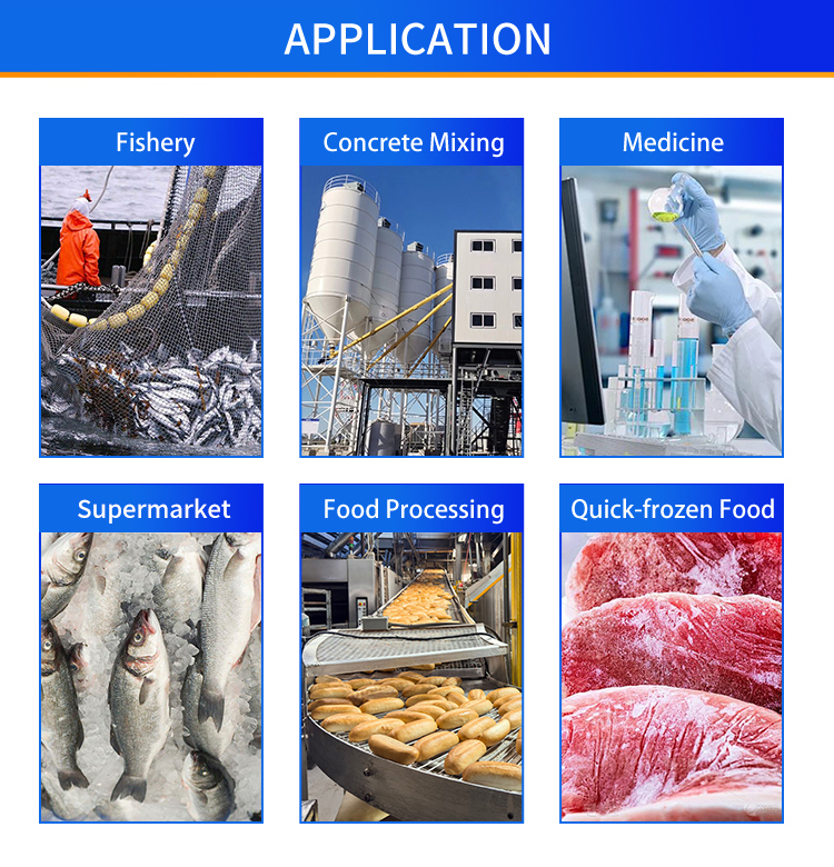 flake-ice-machine-application-scenarios Applications larges de machine à glace en écailles, conservation des fruits de mer, refroidissement du béton, transformation des aliments, médecine, supermarché et industrie des aliments surgelés