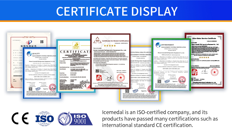 icemadal-ice-machine-factory-certificates Affichage des certificats d'usine de machine à glace industrielle Icemadal, ISO9001, CE, brevet d'invention, certifications du système de gestion de la qualité et de l'environnement