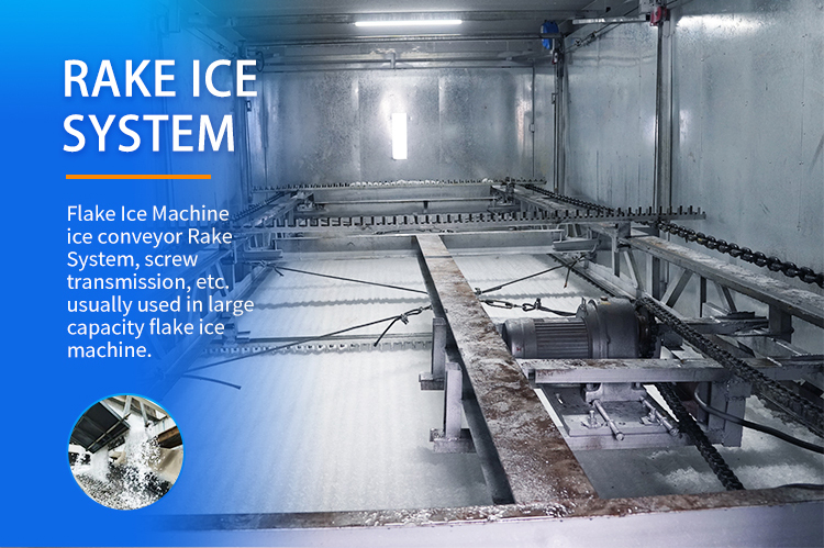 ice-flake-machine-rake-ice-system-storage-bin.jpg Système de râteau de machine à glace en flocons de grande capacité, système de râteau à convoyeur de glace automatique pour bac de stockage de glace industriel