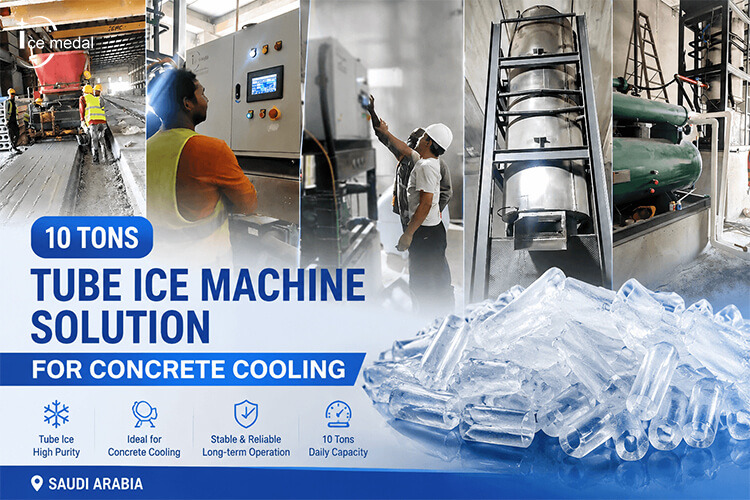 Solution de machine à glace en tube de 10 tonnes pour le refroidissement du béton en Arabie Saoudite