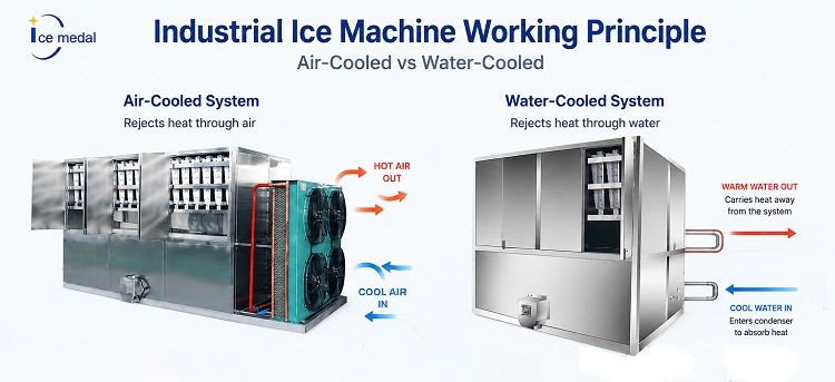 Sch&eacute;ma du principe de fonctionnement de la machine &agrave; glace industrielle refroidie par air et par eau
